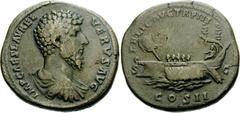 Lucius Verus. AD 161-169. Æ Sestertius (28.20 g, 12h). Struck AD 163. Bare-headed, draped, and cuirassed bust right / Galley with five oarsmen left, hortator at stern. RIC III 1328; MIR 18, 50-16/17; 