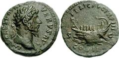 Lucius Verus. AD 161-169. Æ As (9.29 g, 12h). Struck AD 163. Laureate head right / Galley with five oarsmen left, hortator at stern. RIC III 1335 var. (bust type); MIR 18, 50-19/30. VF, dark green pat