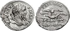 Septimius Severus. AD 193-211. AR Denarius (3.42 g, 6h). Struck AD 206. Laureate head right / Galley under sail in Circus left; above, four quadrigas left around; below, various beasts and fowl. RIC I
