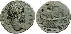 Septimius Severus. AD 193-211. Æ 25mm (11.16 g, 8h). Corcyra mint. Laureate bust right, slight drapery on left shoulder / Galley under sail with seven oarsmen right; hortator at stern, Victory at prow