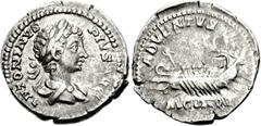 Caracalla. AD 198-217. AR Denarius (3.75 g, 12h). Struck AD 202. Laureate and draped bust right / Galley with five oarsmen left, the two Augusti and Geta at stern. RIC IV 121; RSC 8. VF, toned, minor 