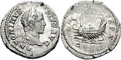 Caracalla. AD 198-217. AR Denarius (3.44 g, 12h). Struck AD 207. Laureate head right / Galley with three oarsmen left, hortator at stern; at prow, figure standing right. RIC IV 98; RSC 443. VF, toned.