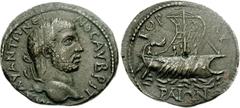 Caracalla. AD 198-217. Æ 26mm (8.84 g, 11h). Corcyra mint. Struck AD 210-213. MA AV ANTWNEI-NOC AV BPIT, laureate head right / Galley under sail with for oarsmen right; hortator at stern. SNG Evelpdis