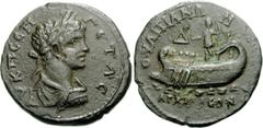Geta. AD 209-211. Æ 4 Assaria (13.99 g, 1h). Anchialus mint in Thrace. Laureate, draped, and cuirassed bust right / Galley with four oarsmen left; at stern, Geta standing left, holding globe and scept