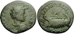 Geta. As Caesar, AD 198-209. Æ 24mm (8.84 g, 1h). Hadrianopolis mint in Thrace. Bare-headed, draped, and cuirassed bust right / Galley with five oarsmen left, hortator at stern. Cf. Yorukova, Hadriano