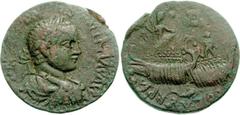 Elagabalus. AD 218-222. Æ 26mm (10.08 g, 1h). Sidon mint in Phoenicia. Laureate, draped, and cuirassed bust right / Naumachia: two pentekonters parallel, each with multiple oarsmen left; at prow of fi