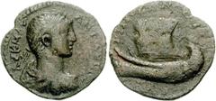 Elagabalus. AD 218-222. Æ 21mm (3.71 g, 1h). Tripolis mint in Phoenicia. Dated SE 532 (AD 220/1). Laureate, draped, and cuirassed bust right / TRIPO[LI] NAV[APX], actuaria under sail left; [pilei of D
