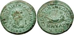 Gallienus. AD 253-268. Æ 10 Assaria (21.51 g, 7h). Side mint in Pamphylia. Radiate, draped, and cuirassed bust right; I to right / Actuaria with four oarsmen under sail left; hortator, vexillum and si
