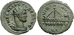 Allectus. Romano-British Emperor, AD 293-296. Quinarius (2.64 g, 7h). Londinium (London) mint. Radiate and cuirassed bust right / Galley with six oarsmen and mainmast left; QL. RIC V 55; Burnett, Coin