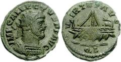 Allectus. Romano-British Emperor, AD 293-296. Quinarius (2.12 g, 6h). Londinium (London) mint. Radiate and cuirassed bust right / Galley with five oarsmen and mainmast left; QL. RIC V 55; Burnett, Coi