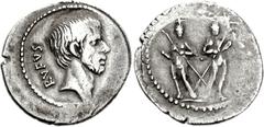 L. Servius Rufus. 41 BC. AR Denarius (3.80 g, 5h). Rome mint. Bare head of Brutus(?) right / Dioscuri standing facing, each holding spear and with sword hanging from waist. Crawford 515/2; CRI 324; Sy
