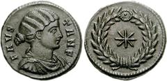 Fausta. Augusta, AD 324-326. Æ Follis (3.38 g, 6h). Thessalonica mint. Struck AD 318-319. Draped bust right / Eight-pointed star in laurel wreath. RIC VII 51; LRBC 824. Near EF. The coinage of Faustin