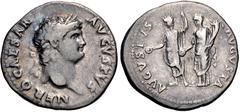 Roman Imperial Nero. AD 54-68. AR Denarius (18.5mm, 3.16 g, 6h). Rome mint. Struck circa AD 64-65. Laureate head right / Nero, radiate, standing left, holding patera and scepter; empress standing left