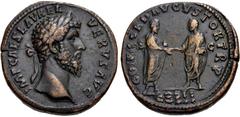 Roman Imperial Lucius Verus. AD 161-169. Æ Sestertius (32.5mm, 25.60 g, 12h). Rome mint. Struck AD 161. Laureate head right / CONCORD ΛVGVSTOR TR P, Marcus Aurelius standing right, holding volumen and