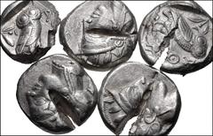 Large Lots GREEK. Central & Southern Greece. Lot of five (5) Athens AR tetradrachms. All coins: ATTICA, Athens. Circa 454-404 BC. AR Tetradrachm. Helmeted head of Athena right, with frontal eye / Owl 
