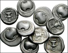 [Greek]. BOEOTIA,Thebes. Circa 425-375 BC. Lot of 10 AR Hemidrachms. All as follows: Boeotian shield / Kantharos; club to right above. BCD Boiotia 412; SNG Copenhagen 290. All VF, nicely toned except 