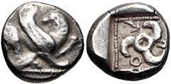 Greek DYNASTS of LYCIA. Kuprilli. Circa 480-440 BC. AR Third Stater (12mm, 2.74 g). Uncertain mint. Winged lion standing right, head left, raising forepaw / Triskeles; K-O-Π around; all in dotted squa