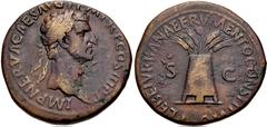 Roman Imperial Nerva. AD 96-98. Æ Sestertius (34mm, 24.22 g, 6h). Rome mint. Struck AD 97. Laureate head right / PLEBEI VRBANAE FRVMENTO CONSTITVTO, modius containing six stalks of grain and one poppy