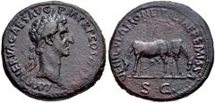 Roman Imperial Nerva. AD 96-98. Æ Sestertius (33.7mm, 30.37 g, 12h). Rome mint. Struck AD 97. Laureate head right / VEHICVLATIONE ITALIAE REMISSA, two horses grazing; yoke in background. RIC II 93; Ba