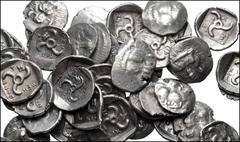 Large Lots GREEK. Asia Minor. Lot of fifty (50) Mithrapata AR Diobols. All coins: DYNASTS of LYCIA, Mithrapata. Circa 390-370 BC. AR Diobol. Facing lion's scalp / Triskeles within incuse square; vario