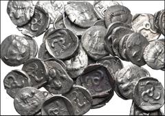 Large Lots GREEK. Asia Minor. Lot of fifty (50) Mithrapata AR Diobols. All coins: DYNASTS of LYCIA, Mithrapata. Circa 390-370 BC. AR Diobol. Facing lion's scalp / Triskeles within incuse square; vario