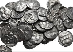 Large Lots GREEK. Asia Minor. Lot of fifty (50) Mithrapata AR Diobols. All coins: DYNASTS of LYCIA, Mithrapata. Circa 390-370 BC. AR Diobol. Facing lion's scalp / Triskeles within incuse square; vario