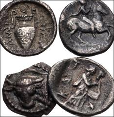 Greek THESSALY. Lot of four (4) AR Fractions. Includes: AR Obol of Lamia // AR Trihemiobol of Larissa // AR Obol of Pherai // AR Obol of Trikka. Fine to VF, toned, some porosity. From the BCD Collecti