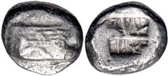 Greek LYCIA, Phaselis. Circa 530-500 BC. AR Stater (19mm, 10.82 g). Prow of galley right, terminating in a boar's forepart; below, small dolphin right / Incuse square divided by central band, irregula