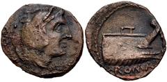 Roman Republican from the Andrew McCabe Collection Anonymous. Circa 91 BC. Æ Quadrans (17.5mm, 2.50 g, 9h). Rome mint. Head of Hercules right, wearing lion skin; ••[•] (mark of value) to left / Prow o