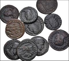 Large Lots ROMAN. Imperial. Lot of fourteen (14) Constantinian bronze coins. Includes: Reduced folles, centenionales and AE 3/4s of Constantine I (6), Crispus (1), Constantine II (1), Constantius II (