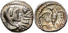 CELTIC, Britain. Trinovantes & Catuvellauni. Epaticcus. Circa AD 35-43. AR Unit (13mm, 1.18 g). Head of Hercules right, wearing lion skin headdress; pellet in hook behind / Eagle standing facing, head