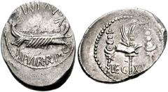 Mark Antony. 32-31 BC. AR Legionary Denarius (20mm, 3.43 g). Patrae(?) mint. Galley right / LEG XV, aquila between two signa. Crawford 544/30; CRI 371; Sydenham 1235; RSC 47. VF, minor roughness. Ex C