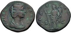 Roman Imperial Didia Clara. Augusta, AD 193. AE Sestertius (29mm, 16.3 g, 6h). Rome mint. Struck under Didius Julianus. Draped bust right / Hilaritas standing left, holding long palm frond and cornuco