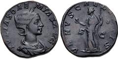 Roman Imperial Julia Soaemias. Augusta, AD 218-222. Æ Sestertius (28mm, 20.14 g, 12h). Rome mint. Struck under Elagabalus, AD 220-222. Draped bust right, wearing stephane / Venus Caelestis standing le