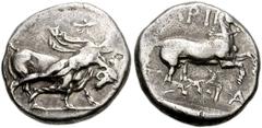 THESSALY, Larissa. Circa 460-440 BC. AR Drachm (18mm, 5.96 g). Youth, with petasos tied at neck, wrestling bull right / Bridled horse galloping right. F. Herrmann, "Die Silbermünzen von Larissa in The