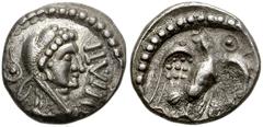 CELTIC BRITAIN, Trinovantes & Catuvellauni. Epaticcus. Circa AD 35-43. AR Unit (13mm, 1.21 g). Head of Hercules right, wearing lion skin headdress; pellet in hook behind / Eagle standing facing, head 