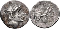 Greek SELEUKID EMPIRE. Antiochos II Theos. 261-246 BC. AR Tetradrachm (29mm, 16.46 g, 6h). Seleukeia on the Tigris mint. Diademed head of Antiochos I right / Apollo Delphios, testing arrow and placing