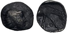 Greek THESSALY, Skotoussa. Early-mid 4th century BC. AR Tetartemorion (8.5mm, 0.21 g, 3h). Head of Herakles right, wearing lion skin headdress / Σ-KO, forepart of horse right. Cf. BCD Thessaly II 742 