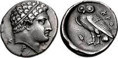 Greek BRUTTIUM, Kroton. Circa 300-250 BC. AR Oktobol or Half Nomos(?) (16mm, 3.11 g, 4h). Reduced standard. Head of male (Herakles or river-god?) right, wearing tainia; K-P-O around neck truncation / 