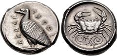 Greek SICILY, Akragas. Circa 460s-420 BC. AR Tetradrachm (26mm, 17.46 g, 10h). Sea eagle standing left; AKRAC-AИTOΣ around / Crab; floral design below; all within shallow incuse circle. Westermark, Co