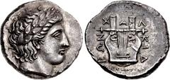 Greek MACEDON, Chalkidian League. Circa 349 BC. AR Tetradrachm (25mm, 14.21 g, 12h). Olynthos mint; Eudorida(s), magistrate. Head of Apollo right, wearing laurel wreath / Kithara; X-A-Λ-KIΔ-EΩN around