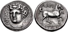 Greek THESSALY, Larissa. Circa 356-342 BC. AR Stater (24mm, 11.96 g, 12h). Head of the nymph Larissa facing slightly left, hair in ampyx, wearing single-pendant earring and necklace / Bridled horse pr
