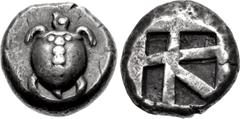Greek ISLANDS off ATTICA, Aegina. Circa 480-457 BC. AR Stater (19.5mm, 12.27 g, 6h). Sea turtle, head in profile, with 'T-back' design on shell / Large square incuse with skew pattern. Meadows, Aegina