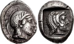 Greek DYNASTS of LYCIA. Kherei. Circa 410-390 BC. AR Stater (16.5mm, 8.43 g, 7h). Telmessos mint. Head of Athena right, wearing crested Attic helmet decorated with spiral palmette and three olive leav