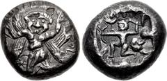 Greek ASIA MINOR, Uncertain. Late 6th-early 5th centuries BC. AR Stater (17.5mm, 9.71 g, 11h). Winged figure (Baal?) advancing left, torso and head facing, arms raised, tail hanging below; uncertain s