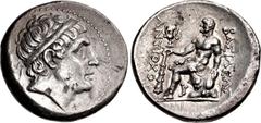 Greek SELEUKID EMPIRE. Antiochos II Theos. 261-246 BC. AR Tetradrachm (29.5mm, 17.10 g, 12h). Temnos mint(?). Diademed head of Antiochos I right / BAΣIΛEΩΣ ANTIOXOY, Herakles seated left on rock drape