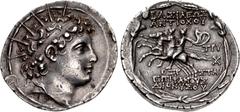Greek SELEUKID EMPIRE. Antiochos VI Dionysos. 144-142 BC. AR Tetradrachm (30mm, 16.62 g, 1h). Antioch mint. Dated SE 169 (144/3 BC). Radiate and diademed head right / BAΣIΛEΩΣ ANTIOXOY EΠIΦANOYΣ ΔIONY