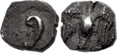 Greek JUDAEA, Achaemenid Province (Yehud). Anonymous. Circa 375-332 BCE. AR Gerah – Twenty-fourth Shekel (6mm, 0.38 g). Ear (of God?) / Falcon upward, head right, wings spread; [YHD (in Phoenician) to