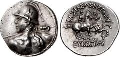 Oriental Greek BAKTRIA, Greco-Baktrian Kingdom. Eukratides I Megas. Circa 170-145 BC. AR Tetradrachm (33mm, 16.96 g, 12h). Diademed heroic bust left, seen from behind, wearing crested helmet adorned w