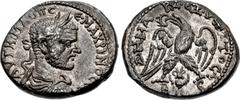 Roman Provincial CYRRHESTICA, Beroea. Macrinus. AD 217-218. AR Tetradrachm (27mm, 14.05 g, 12h). AVT K MA OΠ C-Є MAKPINOC CЄ, laureate, draped, and cuirassed bust right / ΔHMA-PX ЄΞ VΠATOC Δ, eagle st
